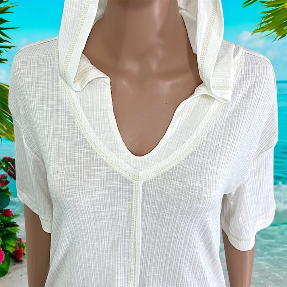 NEW Mur Mur Off-White Ribbed Short Sleeve Hooded Swimsuit Coverup - Picture 3 of 16